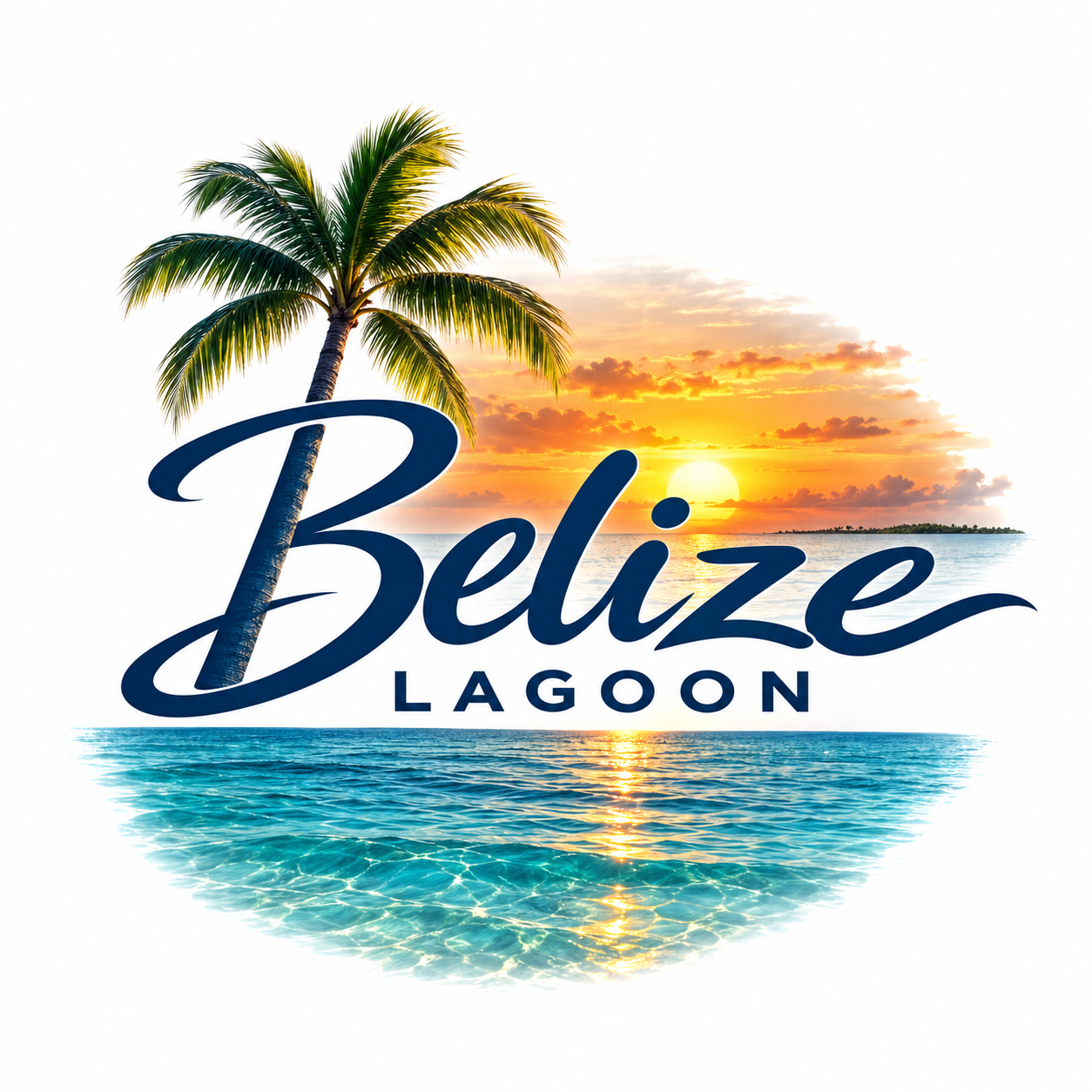 Belize Lagoon — palm tree, golden sunset and turquoise water